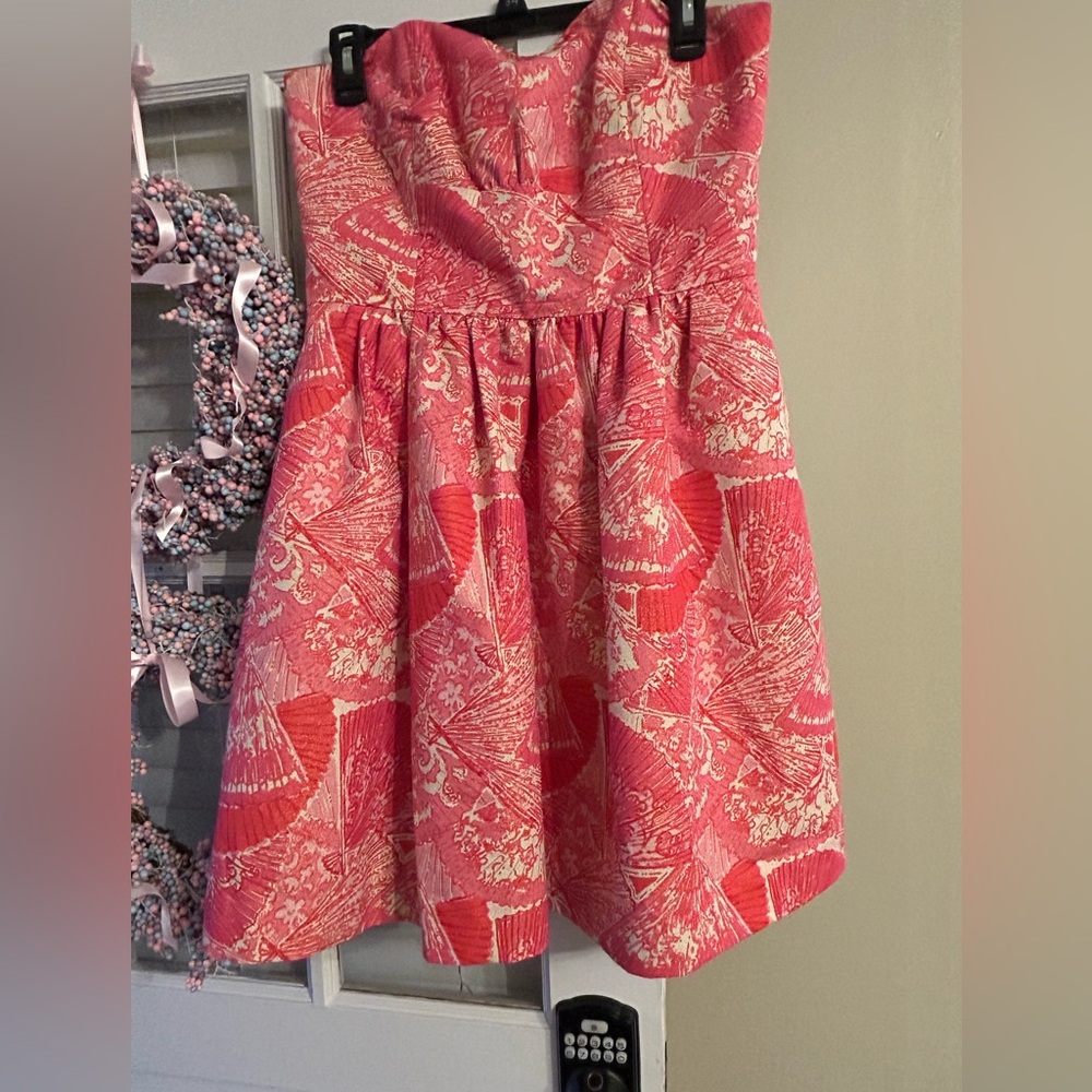 Lilly Pulitzer Coral & Cream Strapless Patterned Dress